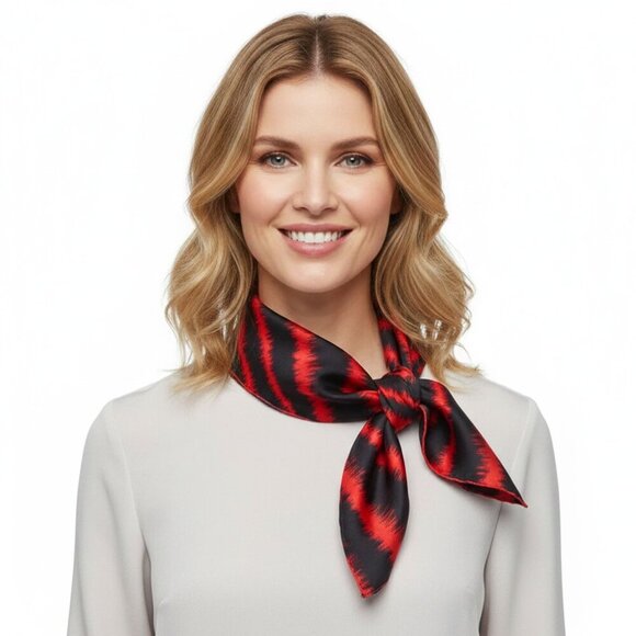 Zebra Stripe Silk Scarf Square Red Black Animal Print Neckerchief - Picture 3 of 6